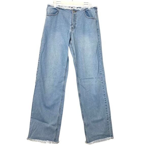 Mistress Rocks Frayed Low Rise Straight Leg In Awe Light Wash Denim Jeans Small - Picture 3 of 5
